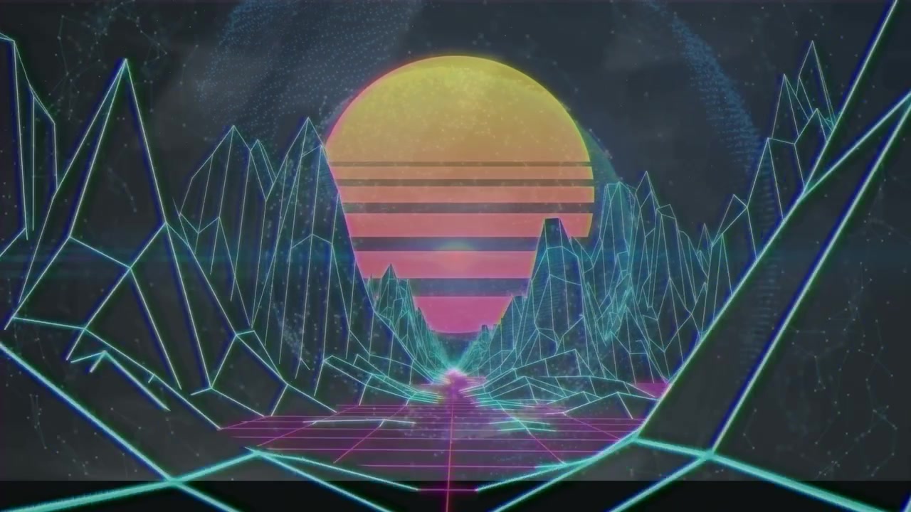 Retro synthwave landschap met wireframe bergen en glitch-effect