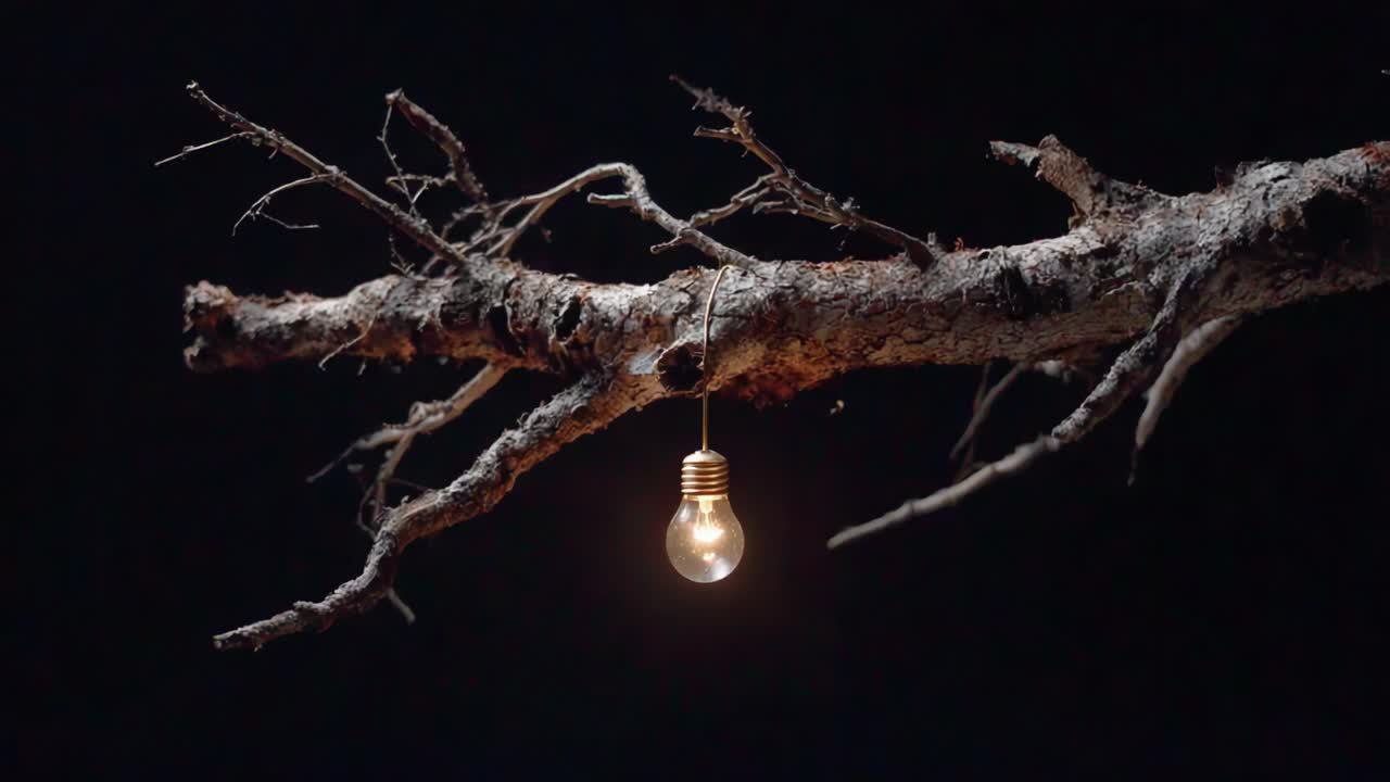 A Glowing Lightbulb Hangs Enigmatically from a Twisted Branch, Casting Soft Illumination Against the Dark Background, Symbolizing the Intersection of Nature and Technology