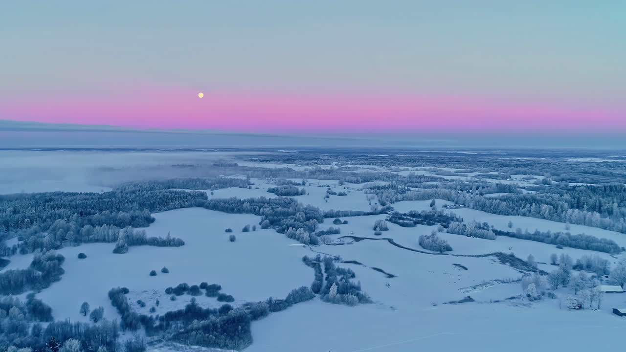 겨울에 수평선에 보름달이 있는 보라색 하늘 동안 공중 비행 눈 덮인 시골 들판