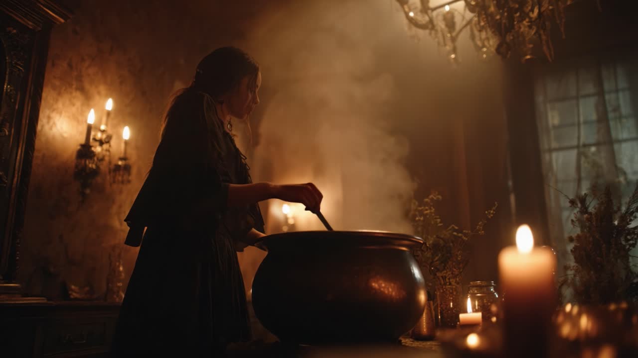A Mysterious Figure Prepares an Enigmatic Brew in a Dimly Lit Chamber, Surrounded by Flickering Candles and Smoky Ambience for an Atmosphere of Intrigue and Magic