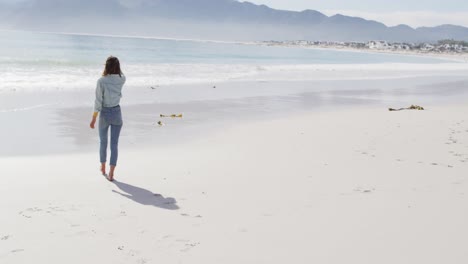 Vista-Trasera-De-Una-Mujer-De-Raza-Mixta-Caminando-Descalza-Por-La-Playa-Junto-Al-Mar.