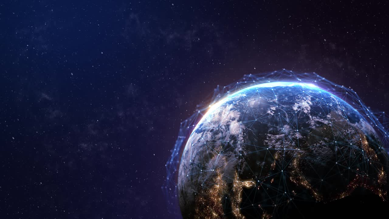 Globo terrestre digital 3D 4K, linhas de conexão de dados brilhantes, rede de satélites, satélites do planeta Terra