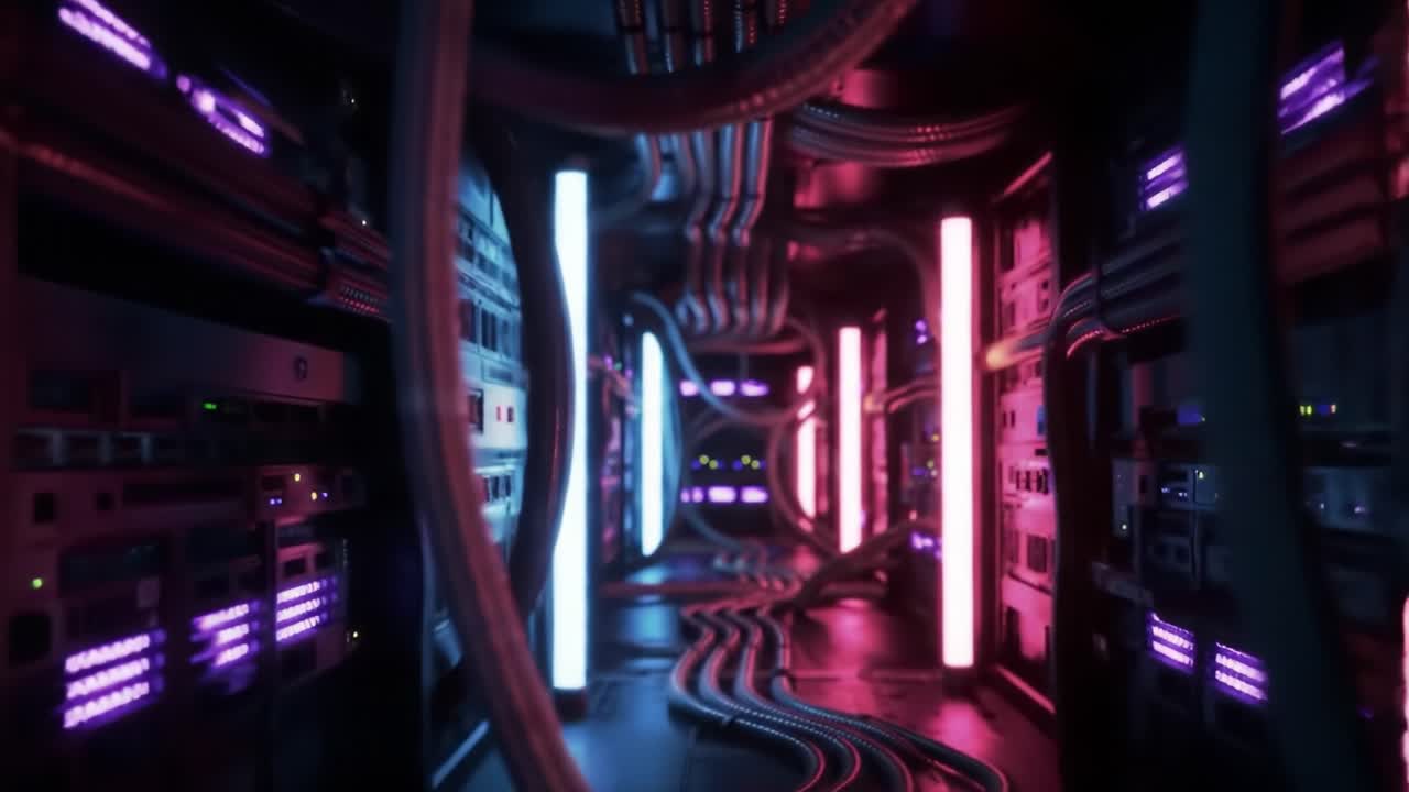 This visual journey takes you inside a modern data center featuring bright neon lights and tangled cables. Experience the futuristic atmosphere filled with advanced technology.