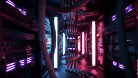 this visual journey takes you inside a modern data center featuring bright neon lights and tangled cables. experience the futuristic atmosphere filled with advanced technology.