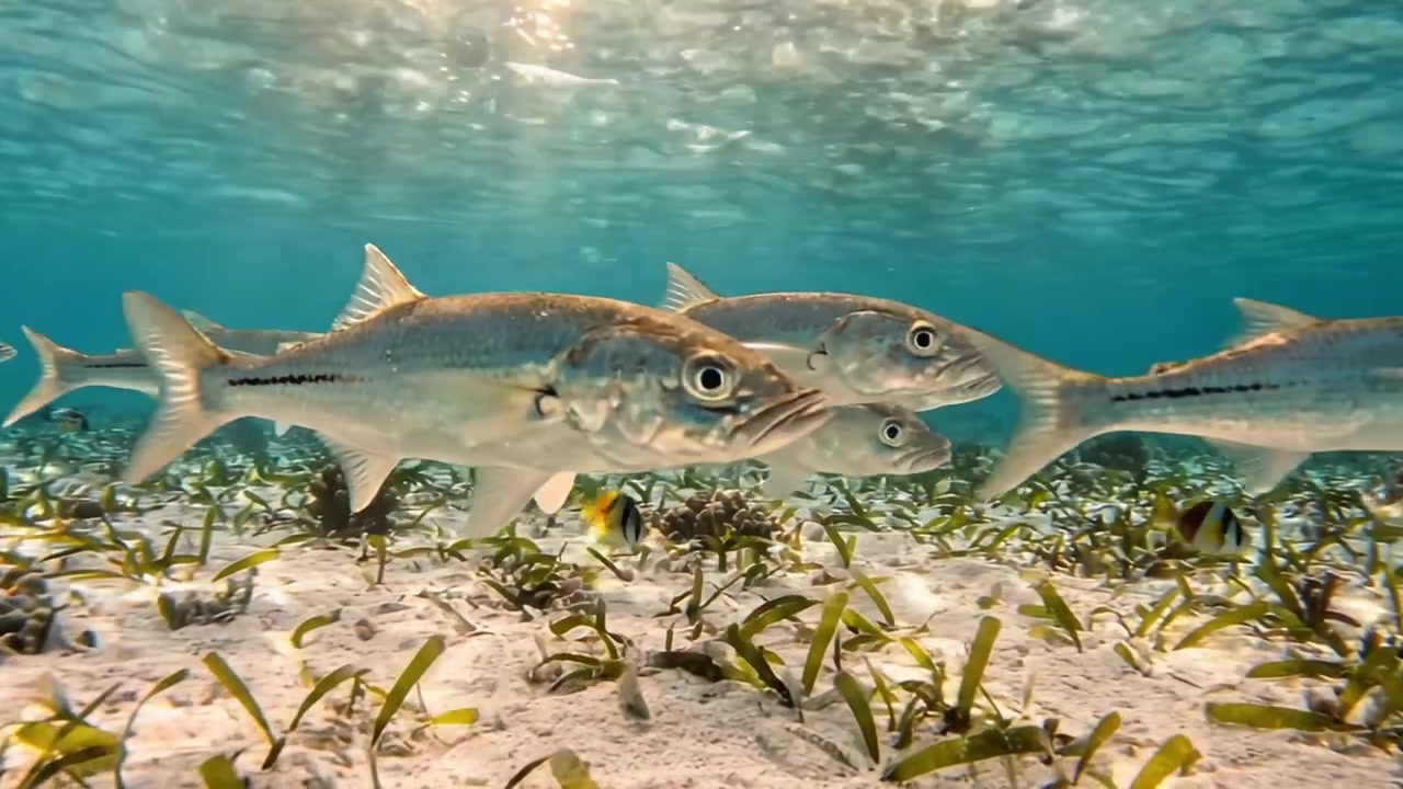 Underwater Scene with Schools of Fish Swimming through Vibrant Seagrass in Crystal-Clear Ocean Waters, Highlighting Marine Life and Ecosystem Dynamics