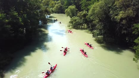 aerial view of people kayaking in pairs on danube river, hungary, surrounded by trees