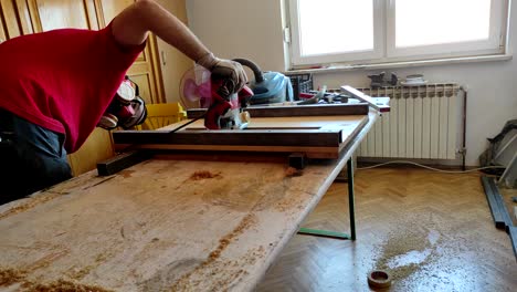 Woodworking-with-milling-router-machine,-trying-to-make-right-high-to-flatten-warped-hard-wood