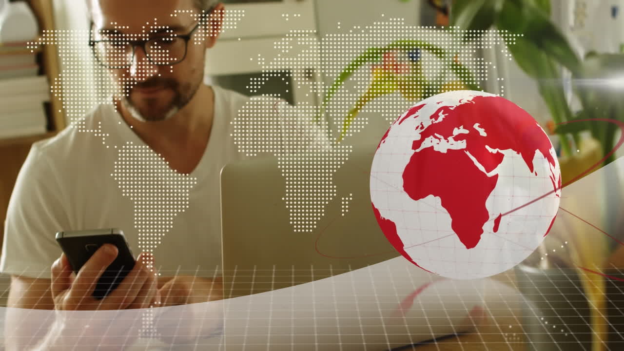 animación del globo digital sobre el hombre usando un teléfono inteligente