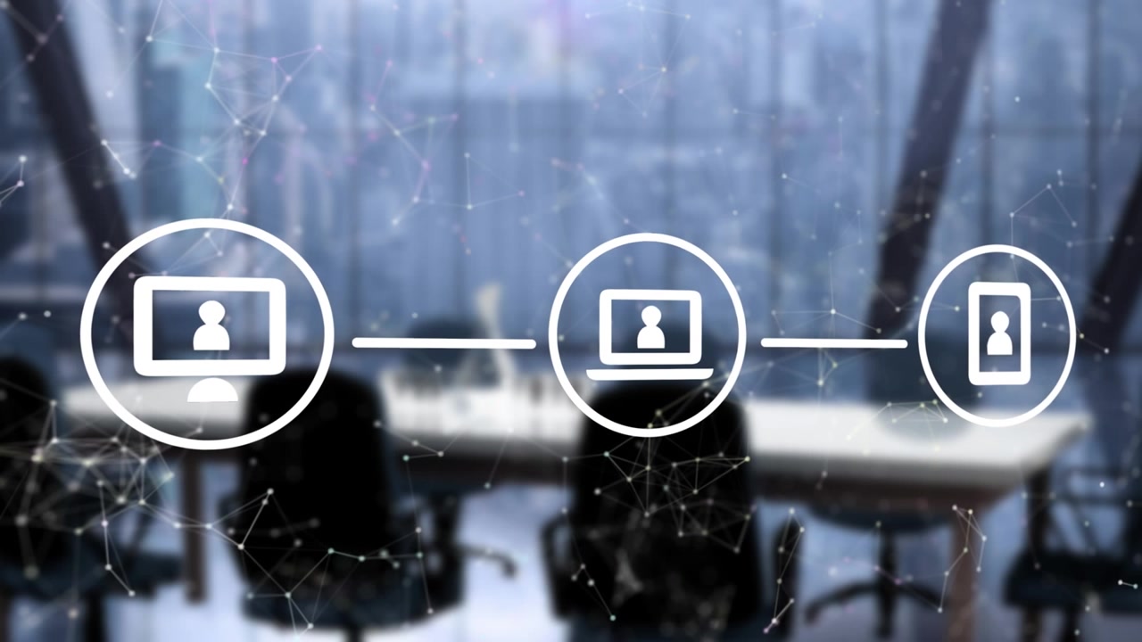 Animation of tech icons over connections and office interior