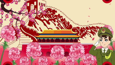 cartoon tiananmen square with soldier and flowers