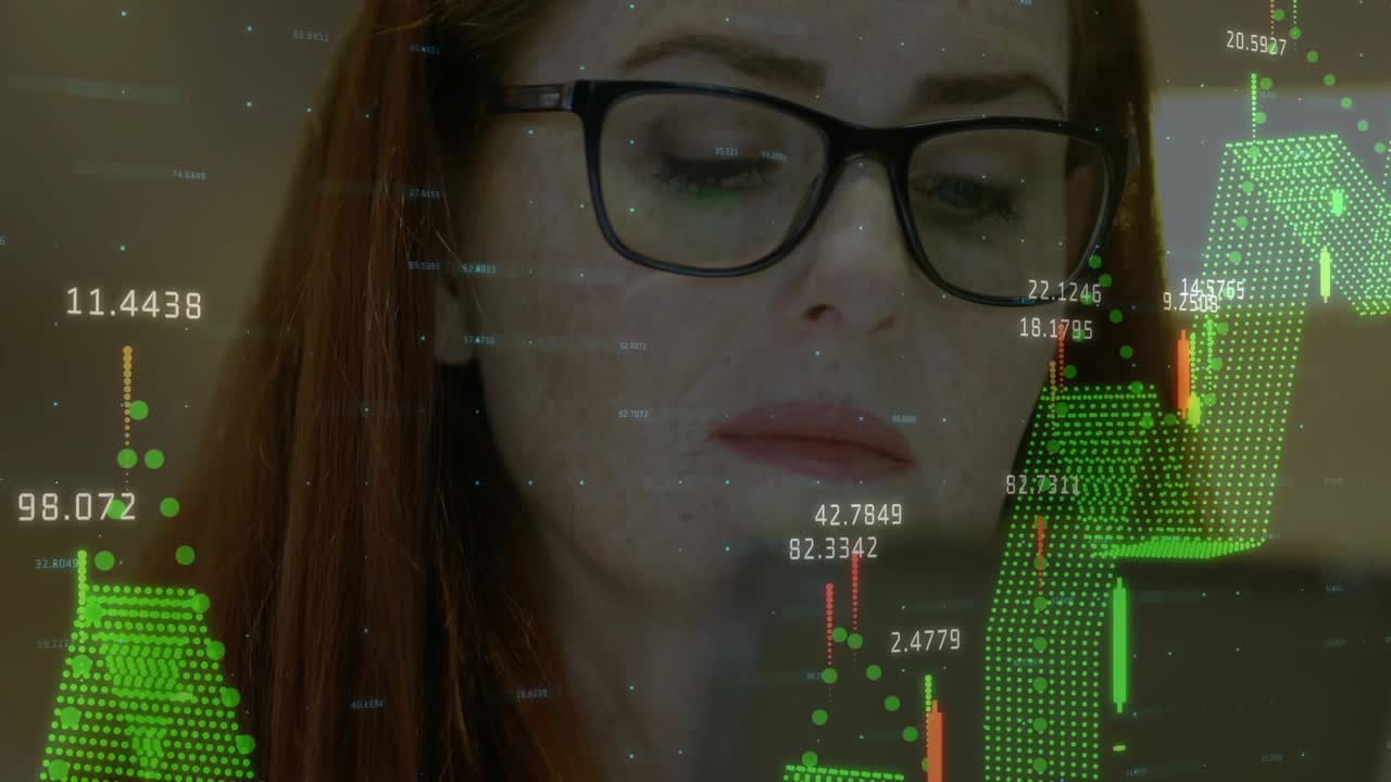 Mature woman lifting tablet revealing financial overlay and candlestick bars for analyzing trends