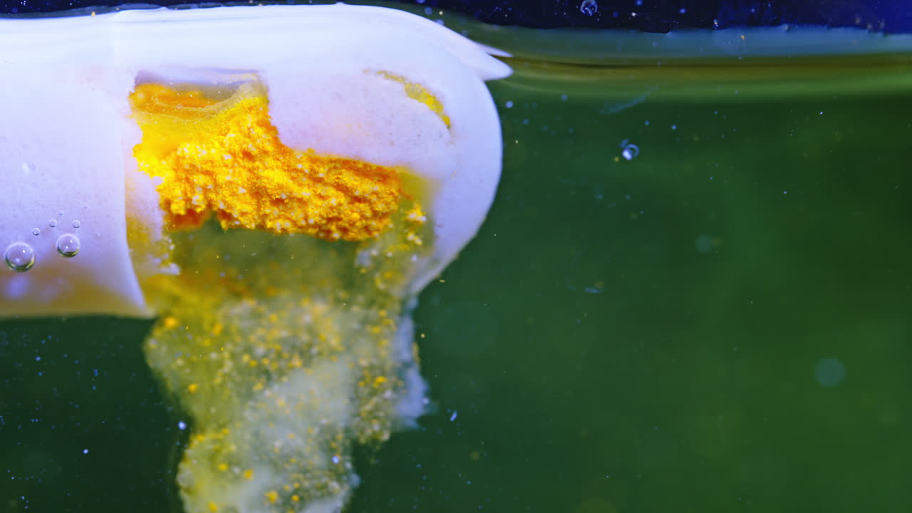 Close-up shot of a dissolving tablet releasing colorful powder into water
