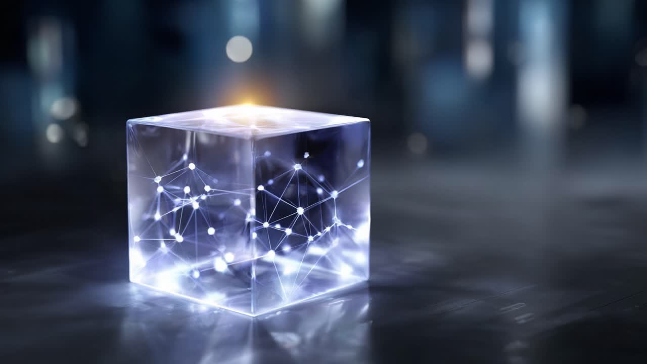 A luminous, translucent cube displaying intricate network patterns illuminated by soft light, symbolizing connectivity and advanced technology in a modern environment