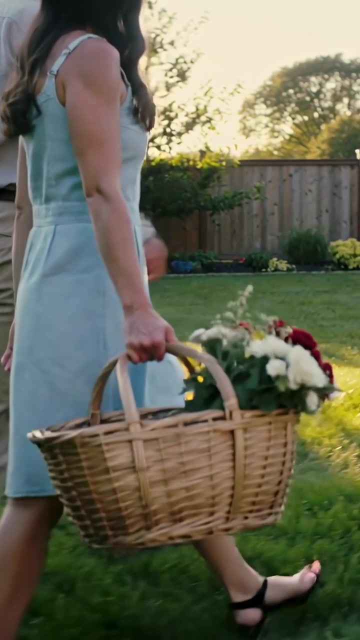 Vertikal video: Kommer ind fra venstre, kvinde i blå kjole og bred hat går med blomsterkurv over gården