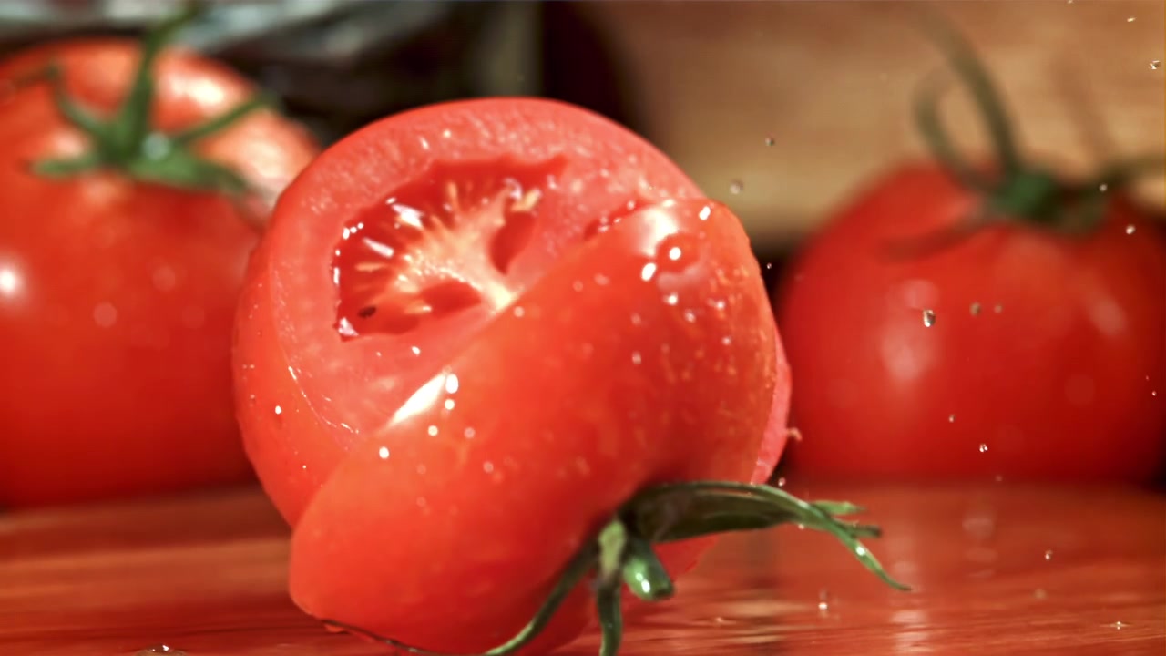 슬로우 모션으로 물방울과 함께 썰리는 신선한 빨간 토마토