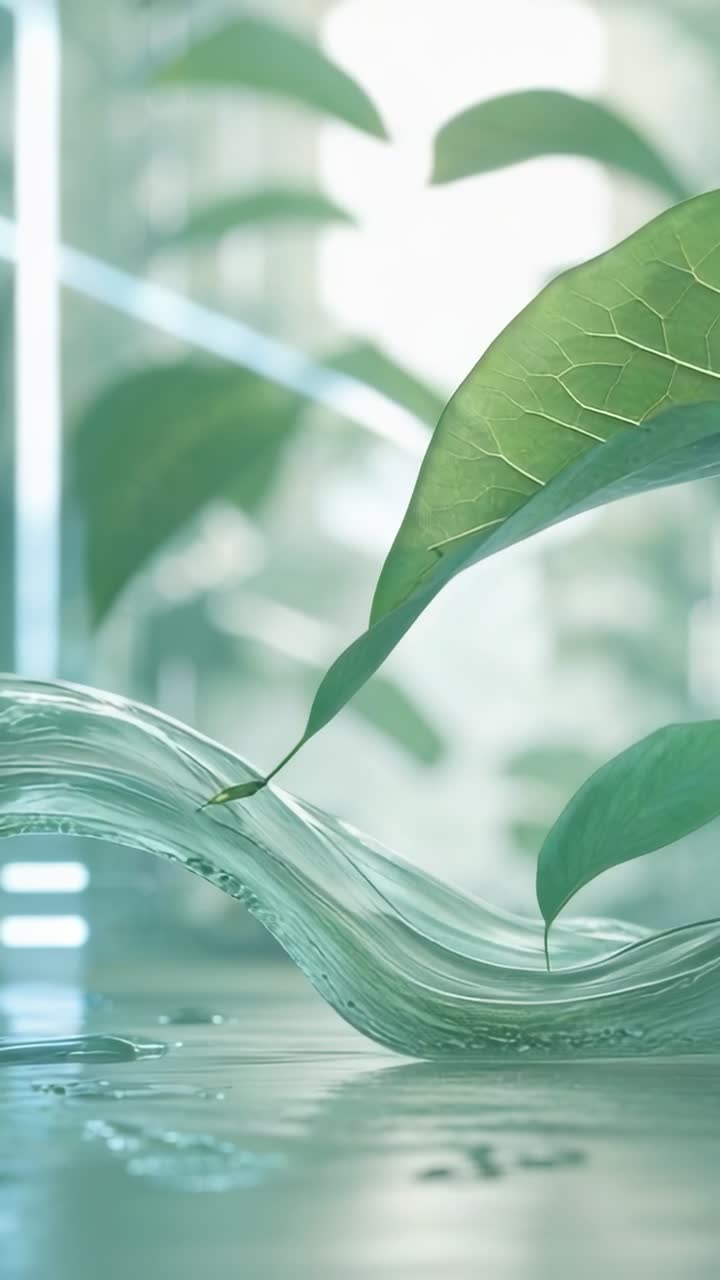 Vertical video: Pulsing glass wave causing green leaf tipping in greenhouse lab, forming droplet