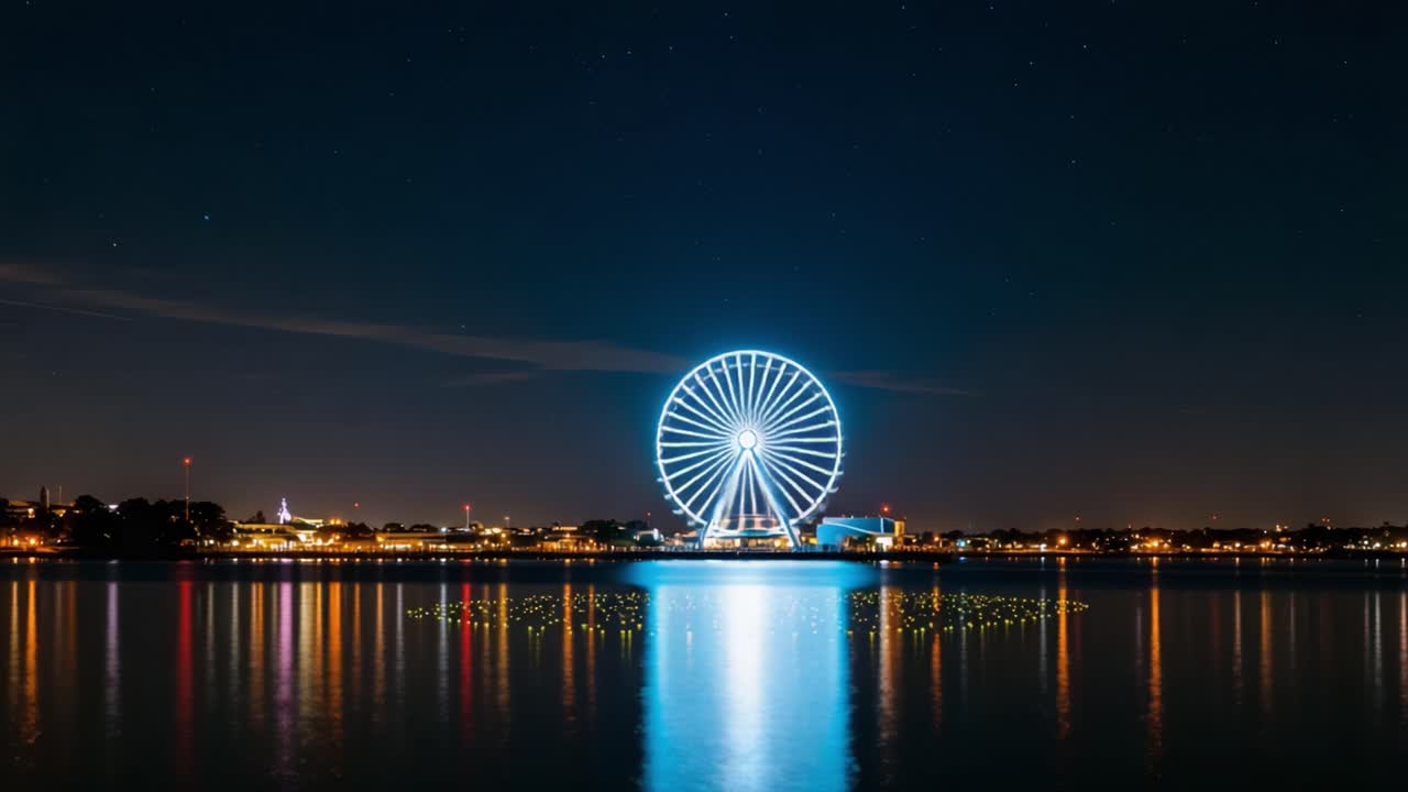 A Stunning Nighttime View of a Colorful Ferris Wheel Reflecting on Water, Illuminating the Skyline with Vibrant Lights in a Calm Atmosphere Under a Starry Sky