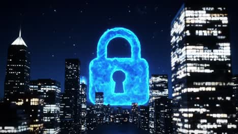 a captivating digital depiction of a vibrant blue lock surrounded by a futuristic city skyline, symbolizing security and protection in a modern urban environment