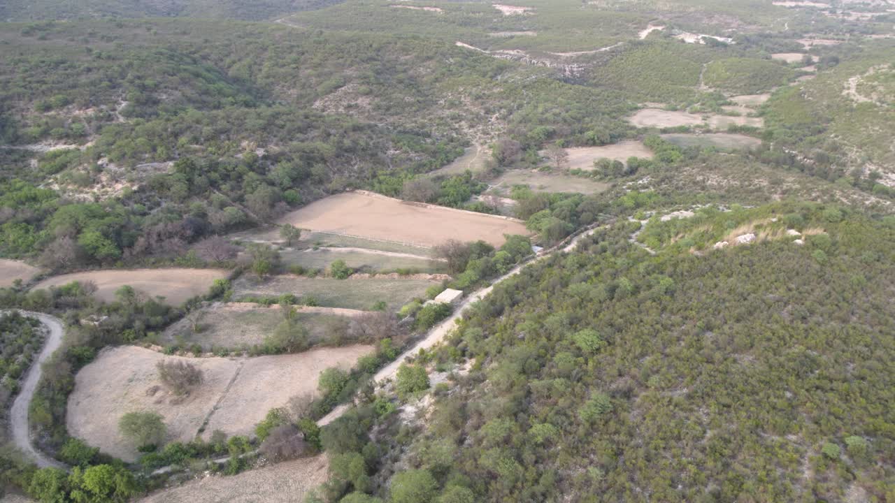 Aerial view of terraced fields and forested hills in rural Punjab landscape. Pakistan