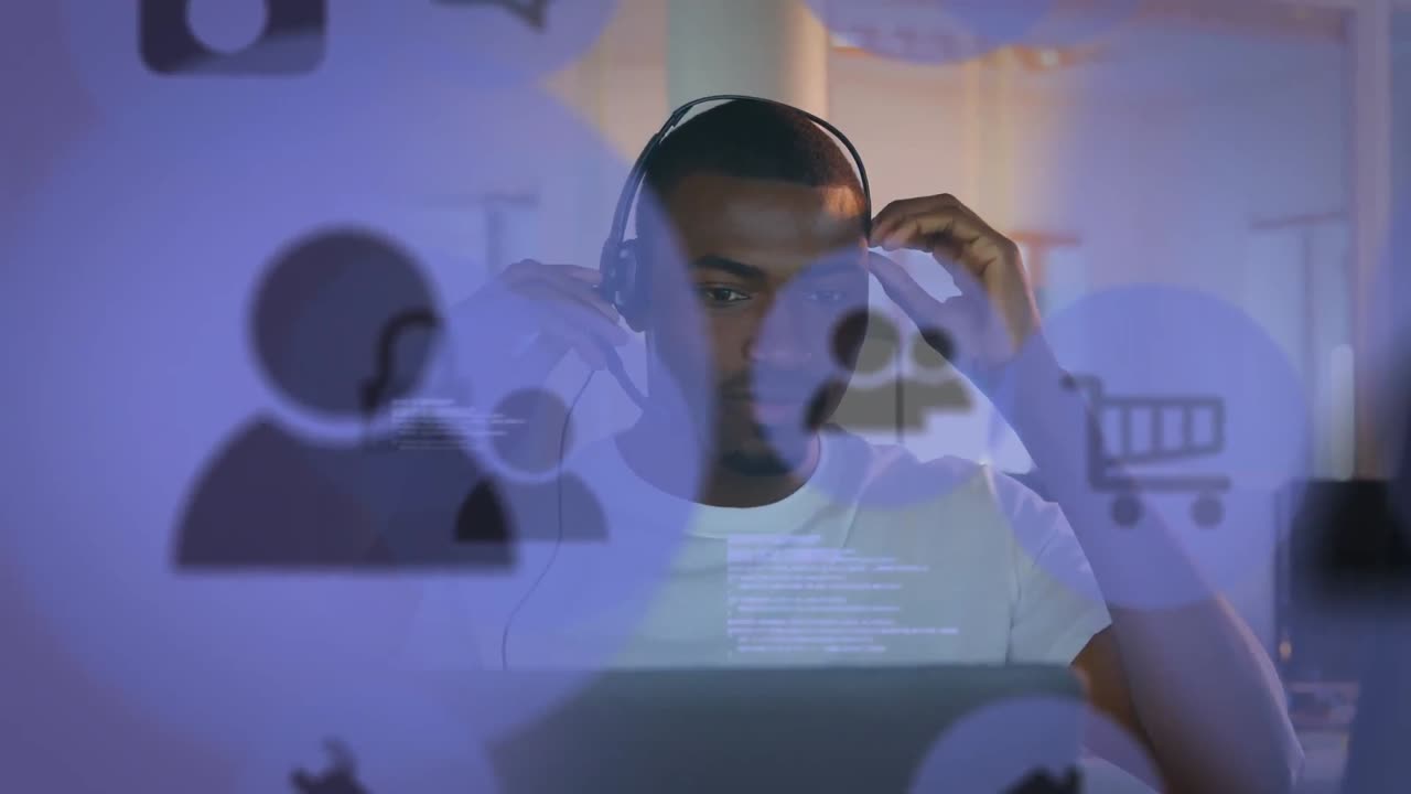 Animation of people icons flying over a man using phone headset at home