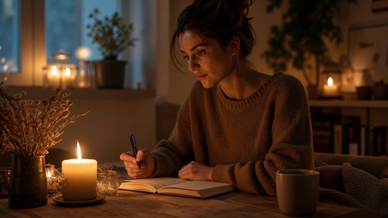 Giovane donna che scrive su un quaderno a lume di candela a un tavolo di legno di notte.