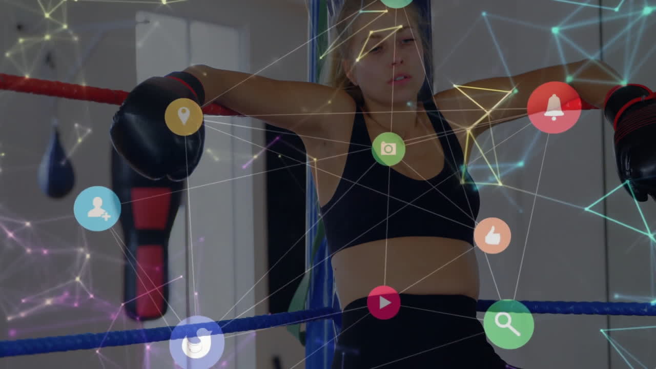female boxer leaning on rope in ring corner with social media icons, network lines for fitness