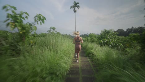 behind young active woman in sportswear running on tropical path in bali nature