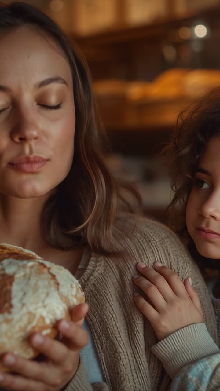 Vertical video: Holding loaf, mom inhaling bread scent at bakery while child resting hand, sweaters