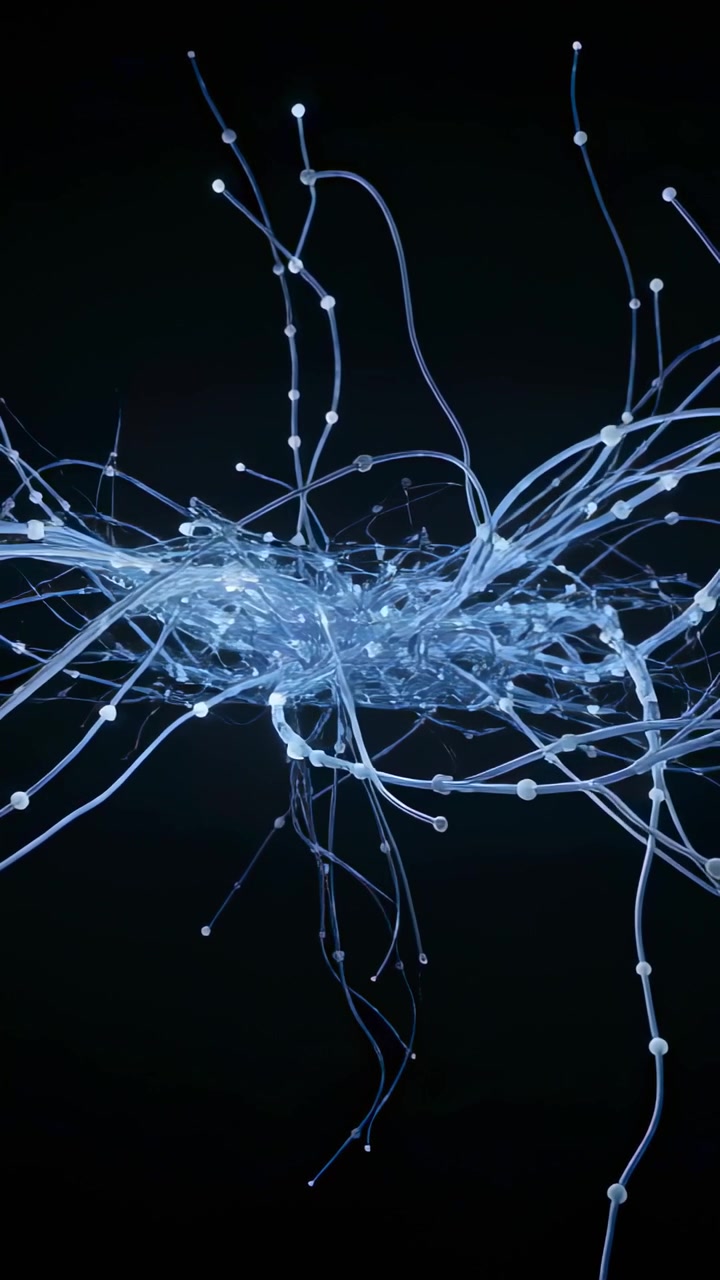 Vertical video: Wave initiating central knot of blue filaments breathing in dark void, beads moving