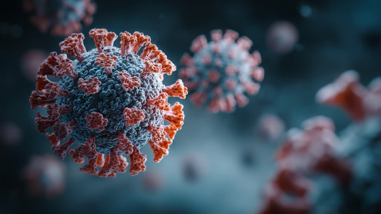 Visualizzazione dettagliata di strutture virali, che mostra le complessità di un patogeno microscopico in un'immagine ad alta risoluzione, enfatizzando il suo contesto ambientale e le caratteristiche biologiche.