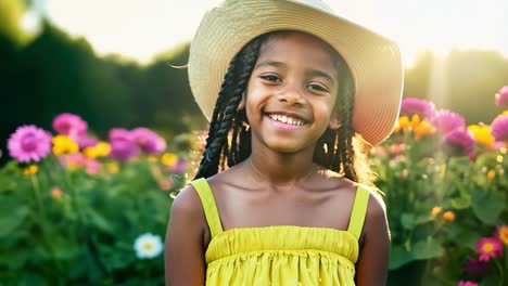 happy girl smiling in a flower garden