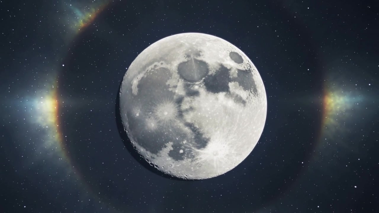Revealing full moon with halo intensifying in outer space, with rainbow flares and craters