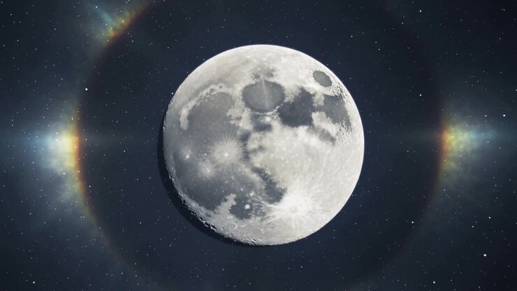 Lua cheia reveladora com halo intensificando-se no espaço sideral, com reflexos de arco-íris e crateras.