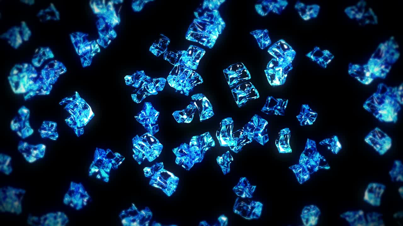 검은색 바탕에 많은 깨한 얼음 큐브를 날아. 부서진 얼음 조각, 자연 물. 부러진 얼음의 3d 애니메이션 회전. 루프 애니메이션.