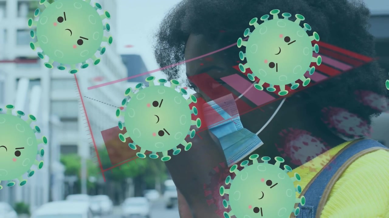 Animación de células de virus y gráfico sobre una mujer afroamericana usando mascarilla