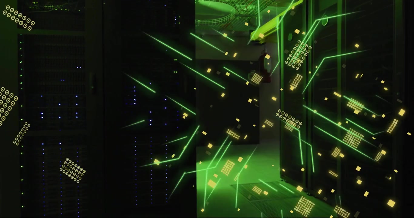 Animation of digital data processing and circuit board over computer servers