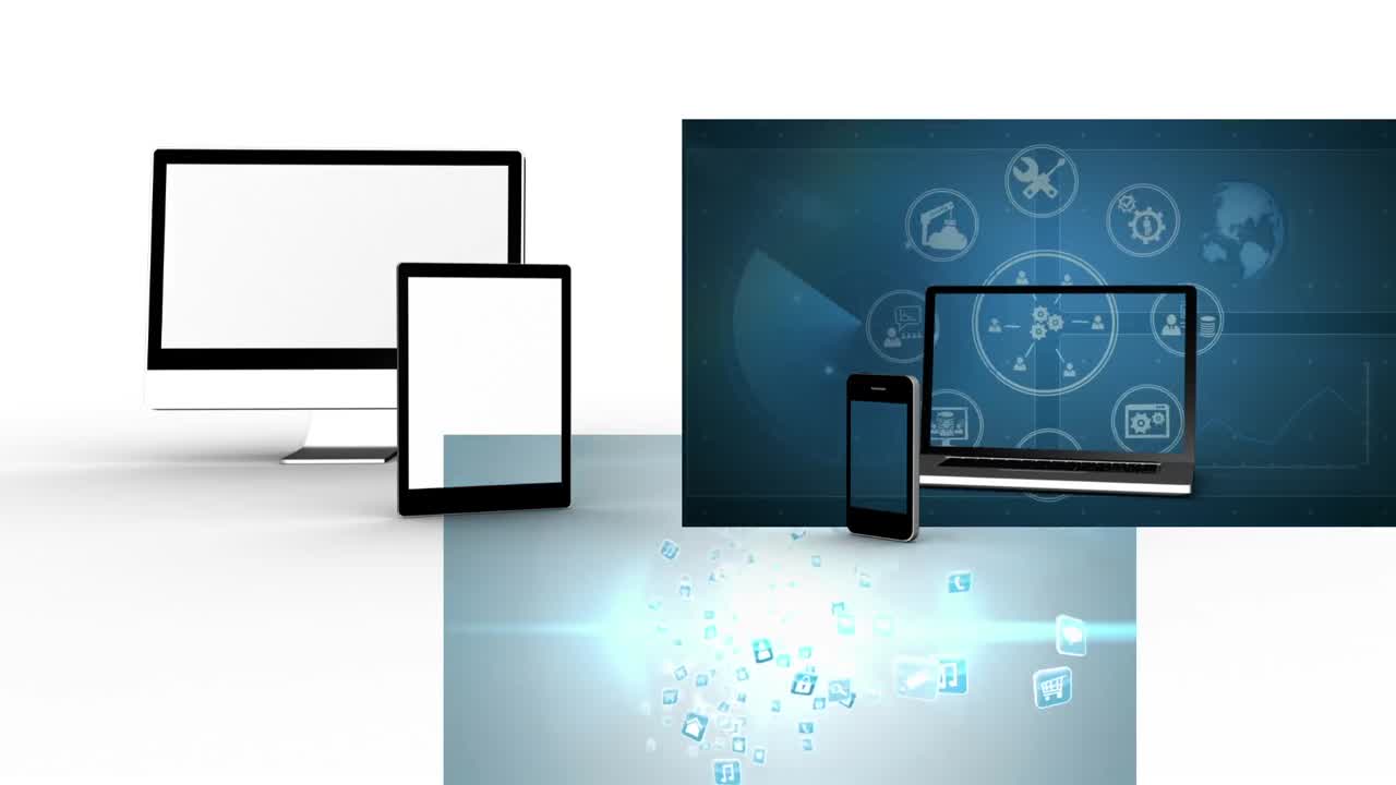 video de tabletas, teléfonos inteligentes y computadoras con iconos digitales y procesamiento de datos
