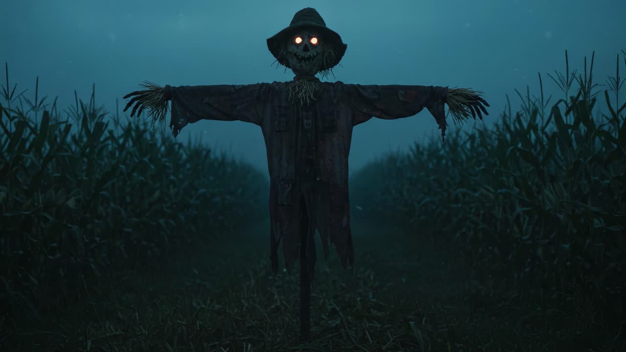 Eerie Scarecrow Standing Tall in Foggy Cornfield, Illuminated by Mysterious Glow from Its Eyes, Evoking Spooky Atmosphere of Harvest Time Mysteries