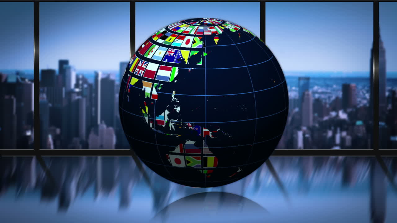 tierra hecha de nacionales banderas girando en la sala de negocios