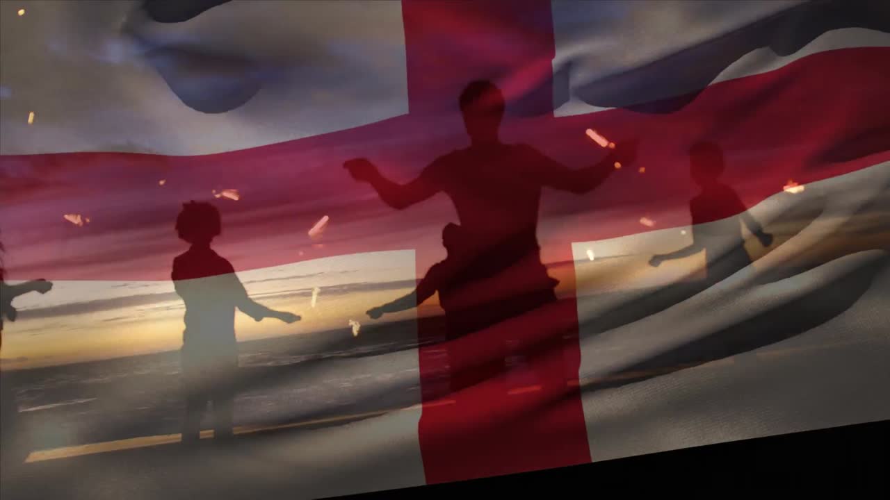 animación de ondear la bandera de inglaterra sobre un grupo de amigos en la playa