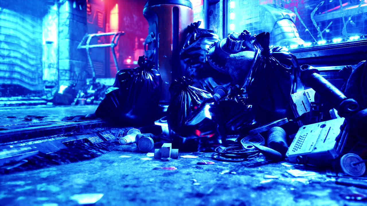 una pila de bolsas de basura en un callejón oscuro