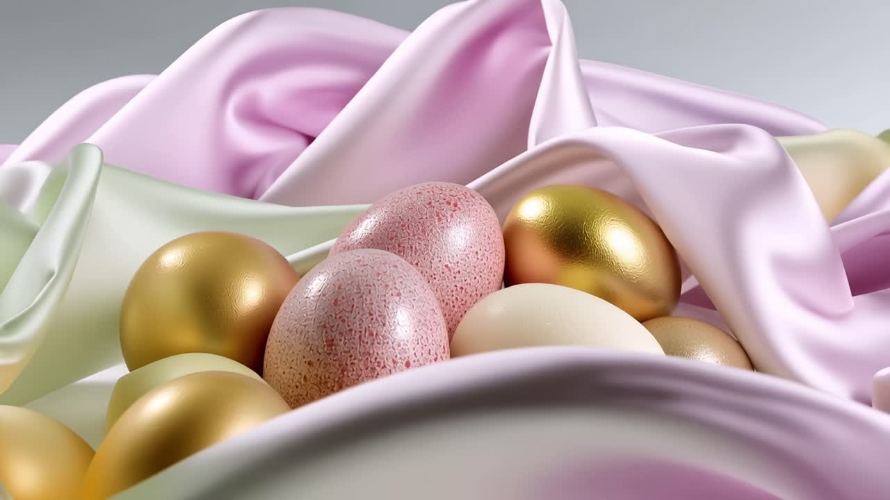 Aesthetic Arrangement of Colorful Decorative Eggs on Soft Drapery with Gentle Curves and Subtle Hues, Creating a Serene and Vibrant Visual Experience