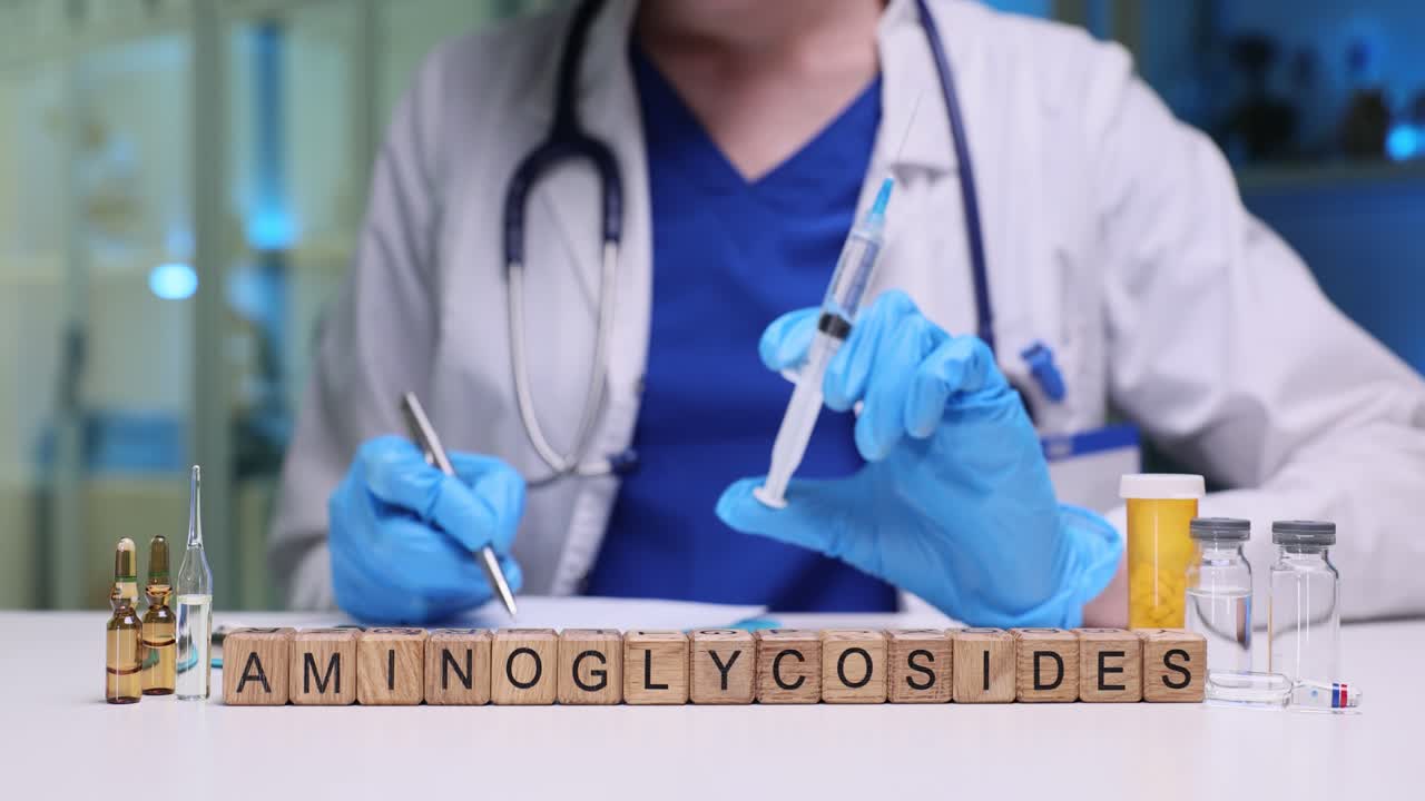Cubetti di legno formano il termine amminoglicosidi vicino a fiale di medicinale.