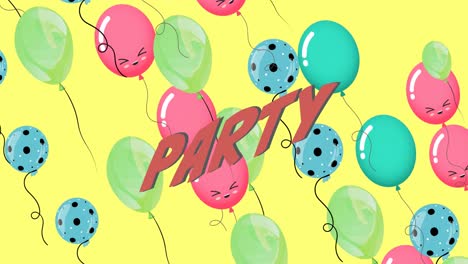 animation of party text over colorful balloons on yellow background