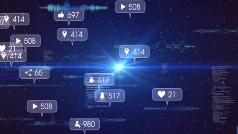 animación de iconos de redes sociales con números sobre rastros de luz en fondo negro
