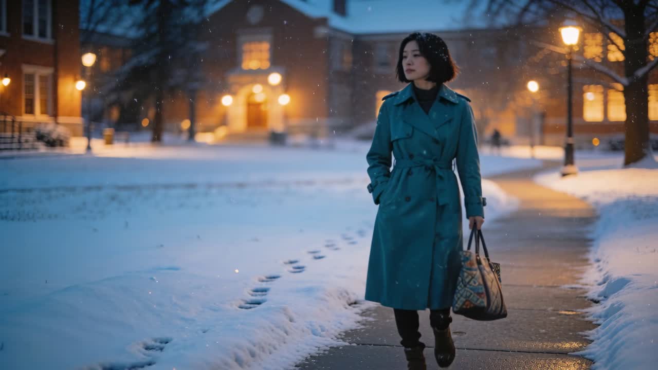 Donna che cammina con cappotto verde acqua su un sentiero sgomberato attraverso il campus innevato al crepuscolo, andando al lavoro con una borsa stampata.