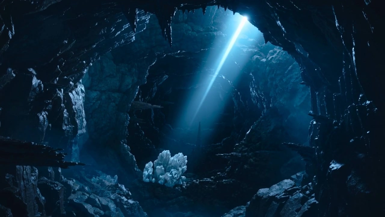 Shifting shaft of light entering ceiling, sweeping across cave floor, revealing pale crystal