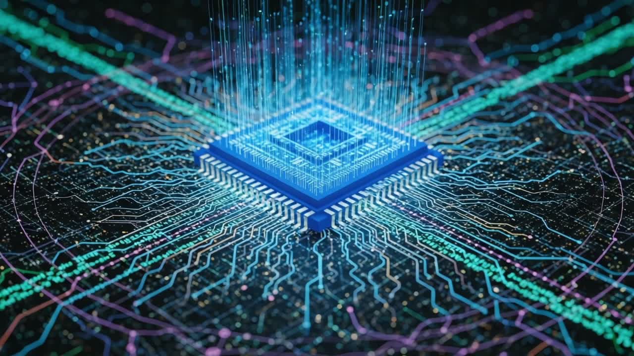 A Close-Up View of a Futuristic Quantum Processor with Vibrant Light Streams, Representing Advanced Technology in Computing and Data Processing