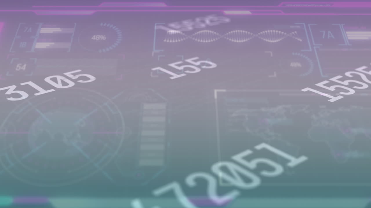 animación de números cambiantes a través de la interfaz con procesamiento de datos contra un fondo de gradiente púrpura
