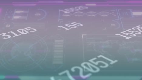 Animation of changing numbers over interface with data processing against purple gradient background